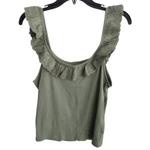 American Eagle | Olive Green Ribbed Eyelet Ruffle-Trim Top Large
